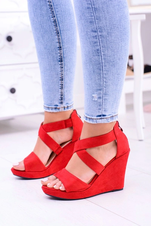 Wygodne Damskie Czerwone Sandały Koturny Mirabet