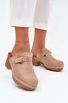 Klapki Chodaki Damskie Na Obcasie Z Klamrą Beżowe Veldexina