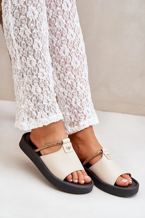 Zazoo 2896 Klapki Damskie Skórzane Beżowe