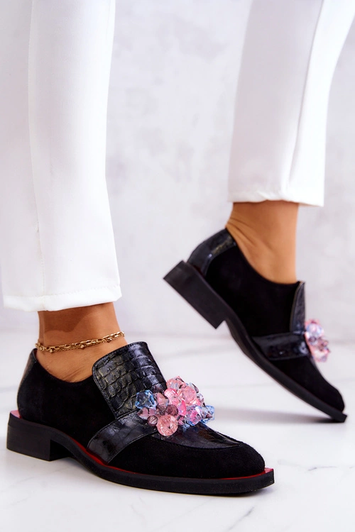 Zamszowe Półbuty Z Ozdobą Czarno-Czerwone Davine