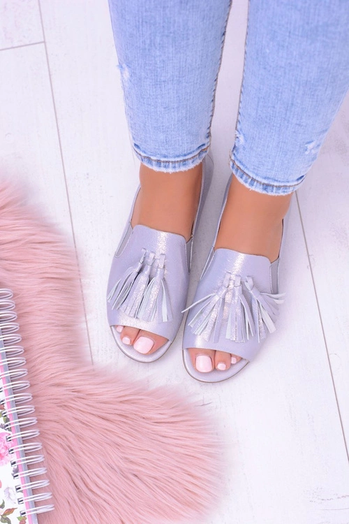 Laura Messi 1701 Skórzane Szare Baleriny Peep Toe Lendo