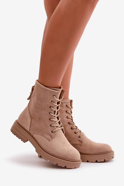 Botki Workery Damskie Ocieplane Na Zamek Eko Zamszowe Beżowe Mardia