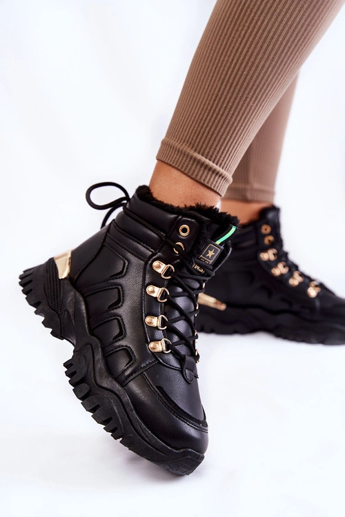 Damskie Ocieplane Botki Trapery Na Platformie Czarne Ofelia