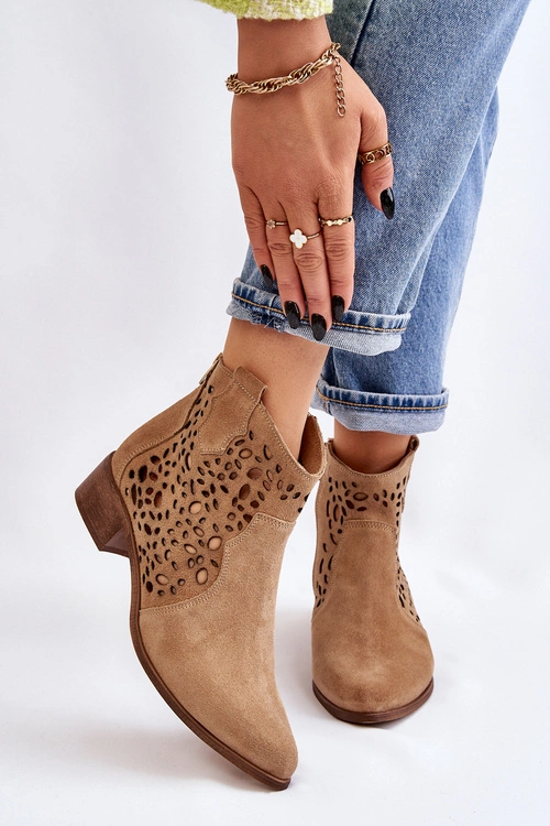 Damskie Ażurowe Botki Lewski Shoes 2909 Ciemnobeżowe