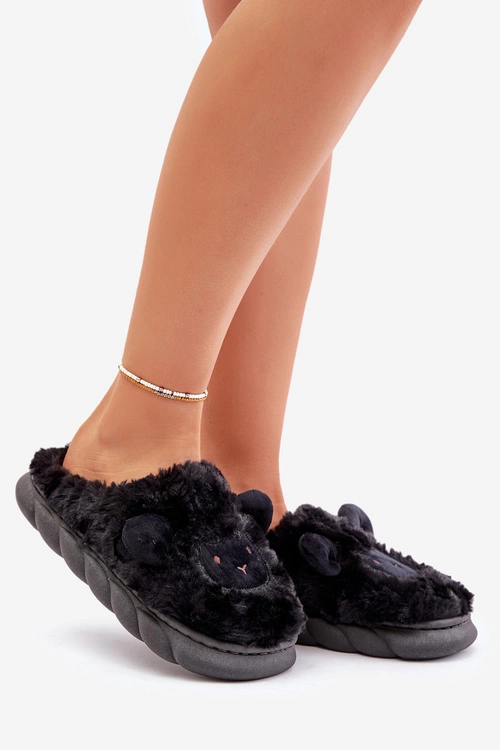 Futrzane Kapcie Damskie Z Motywem Owcy Czarne Phaeia
