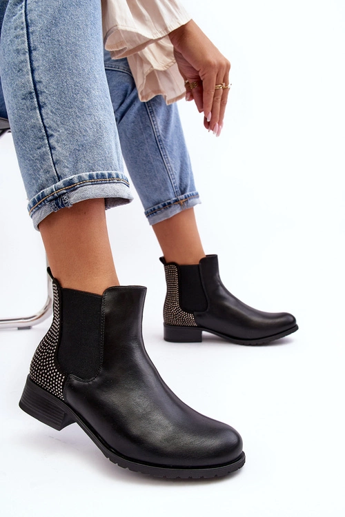 Niskie Damskie Botki Sztyblety Ze Zdobieniem Czarne Donname