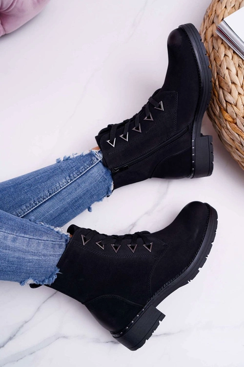 Botki Damskie Płaski Obcas Nubuk Czarne Sergio Leone TR718