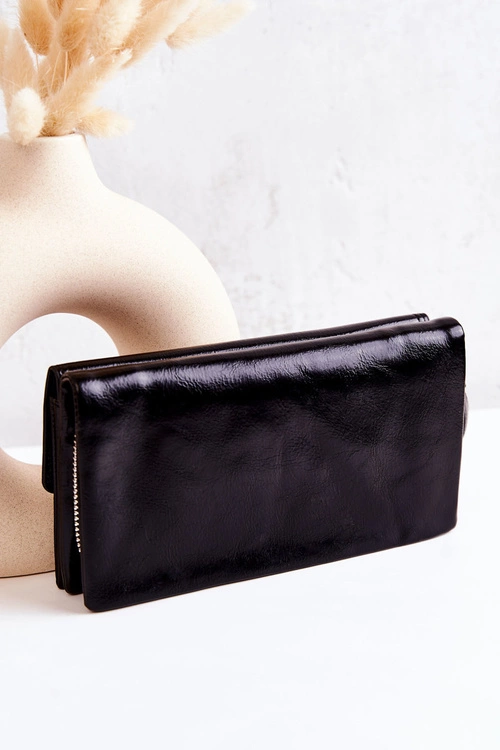 Duży Skórzany Portfel Na Suwak Czarny Loreaine