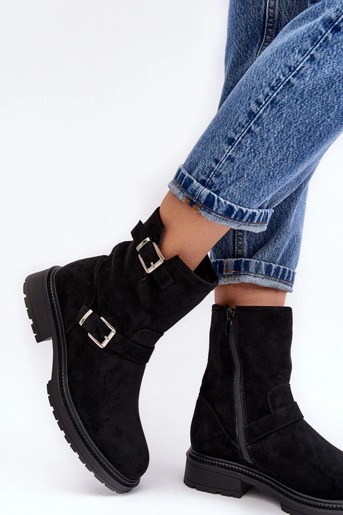 Botki Damskie Na Płaskim Obcasie Z Klamrami Czarne Bliggore