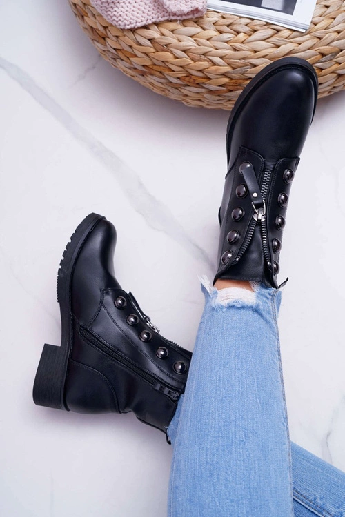 Botki Damskie Płaski Obcas Wysokie Czarne Yulio