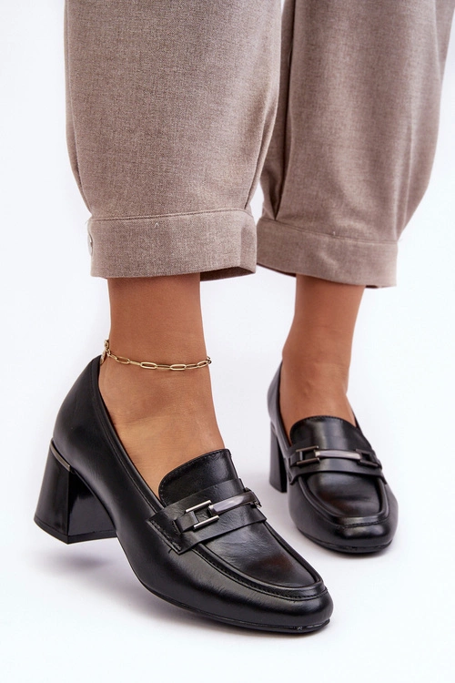 Skórzane Czółenka Na Słupku Czarne Idona