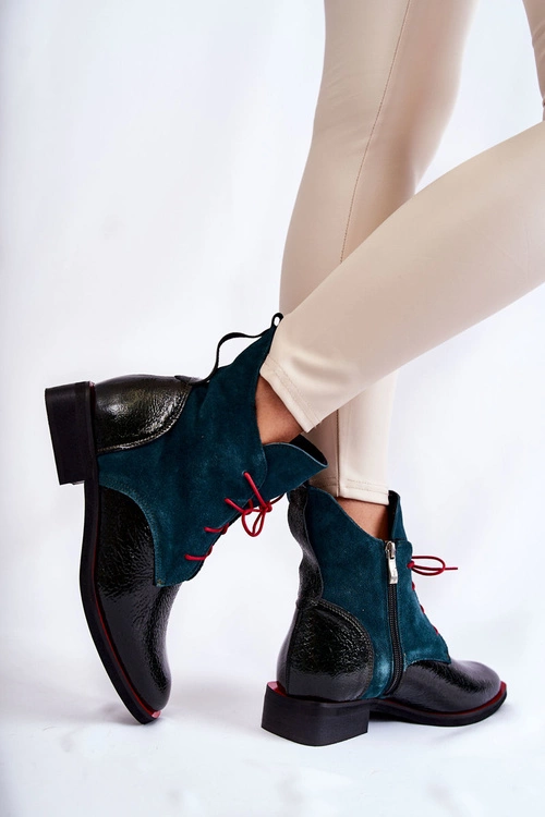 Skórzane Botki Zielono-Czarne Cheyenne