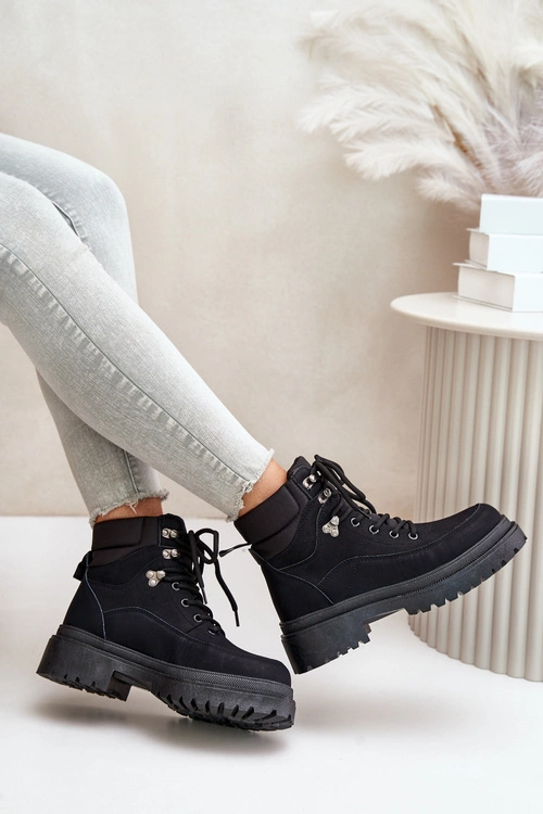 Botki Trapery Damskie Sznurowane Czarne Rabaria