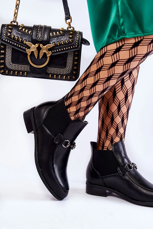 Skórzane Damskie Botki Płaskie Czarne Elin