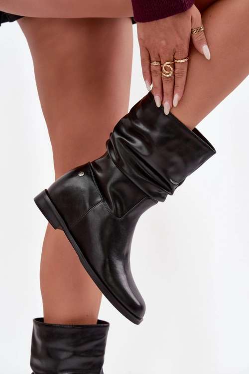 Skórzane Botki Damskie Z Marszczeniem Ocieplane Maciejka K7211-01 Czarne