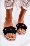 Damskie Klapki Z Materiałowymi Kwiatami Czarne Susana