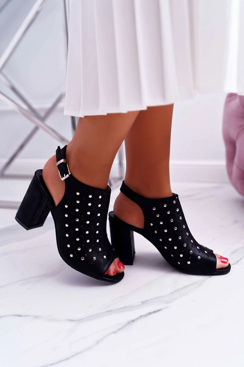 Sandały Damskie Na Słupku Ażurowe z Dżetami Czarne Hendrix