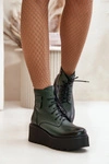 Zazoo 60499 Damskie Botki Na Platformie I Koturnie Ocieplane Skóra Naturalna Ciemnozielone