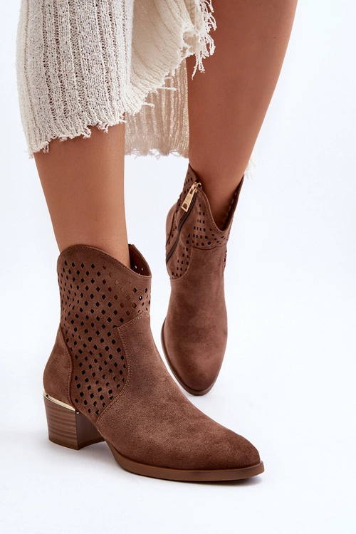Ażurowe Botki Na Niskim Obcasie Brązowe Cilvana