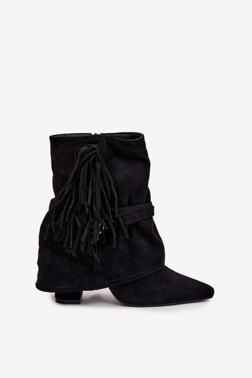 Botki Damskie Na Słupku Z Frędzlami I Złotymi Klamrami Czarne Evelisse