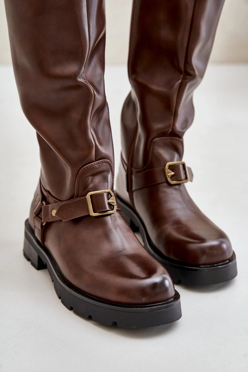 Ocieplane Kozaki Damskie Na Zamek Eko Skórzane Brązowe Tialethe