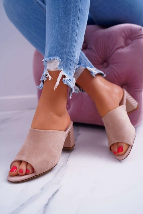 Klapki Damskie Eleganckie Na Słupku Sergio Leone KL315 Beżowe Demilo