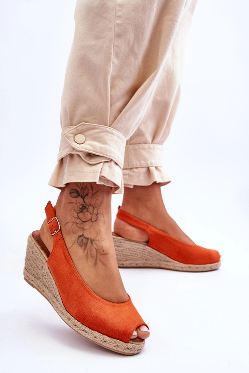 Zamszowe Sandały Na Koturnie Pomarańczowe Elsie