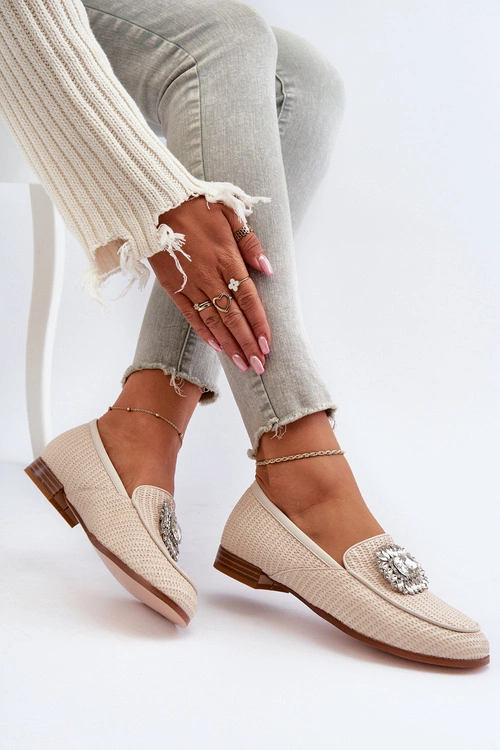 Mokasyny Damskie Na Płaskim Obcasie Z Broszką Beżowe D&A MR38-676