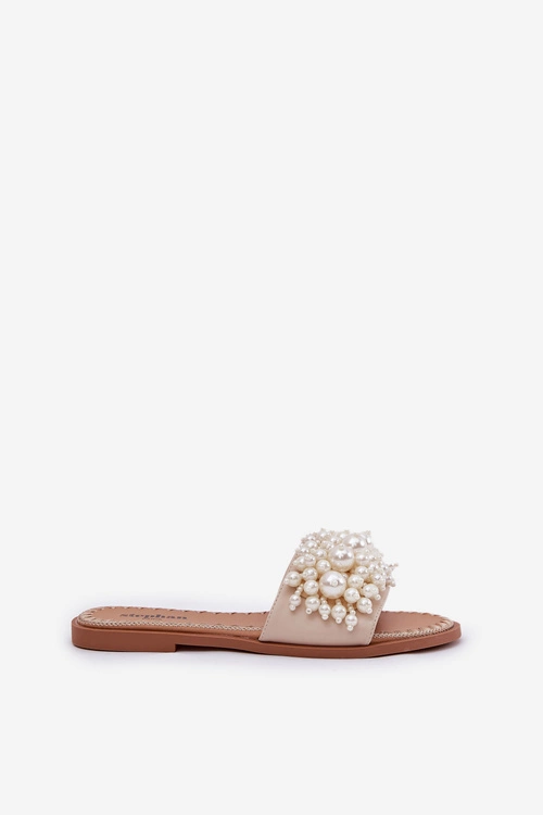 Klapki Damskie Płaskie Z Ozdobnymi Koralikami Beżowe Aricca
