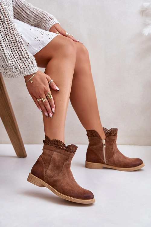 Niskie Botki Damskie Na Płaskim Obcasie Zamszowe Lewski 3624 Brązowe