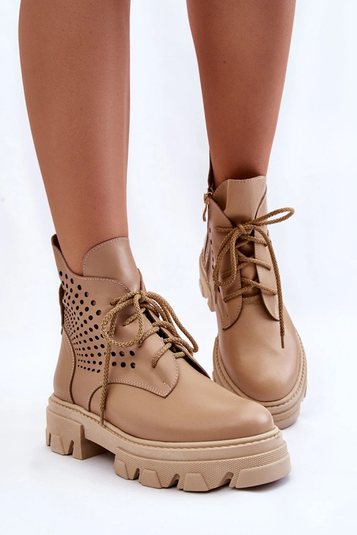 Skórzane Workery Z Ażurowym Wzorem Beżowe Abilene