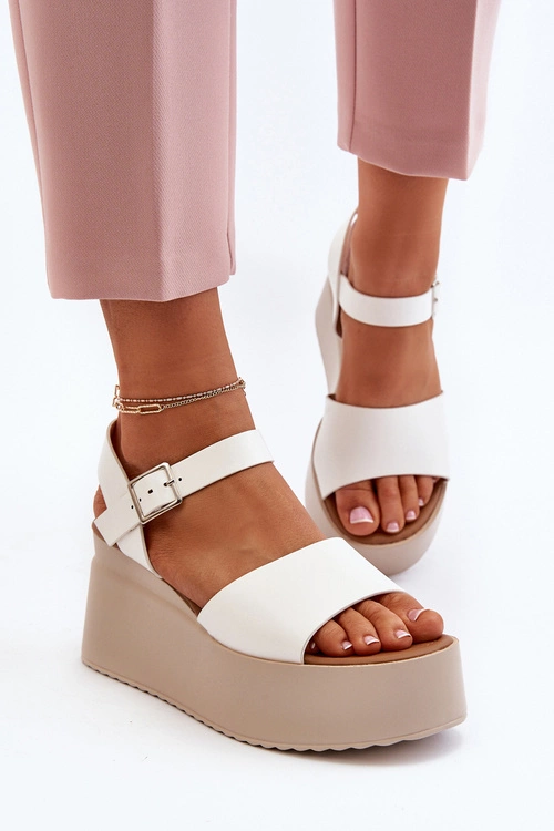 Damskie Sandały Na Koturnie Białe Geferia