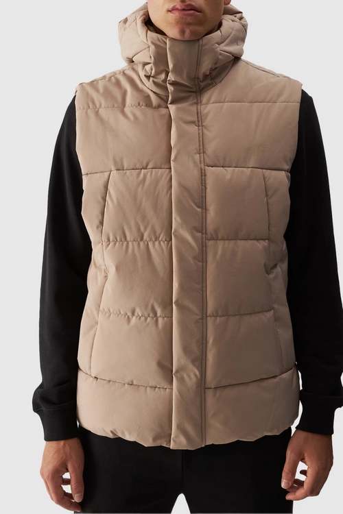Bezrękawnik Puchowy Męski Z Kapturem 4FWAW24TVJAM144-83S Beżowy
