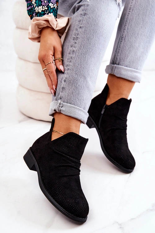 Ażurowe Marszczone Botki Czarne Cynthia