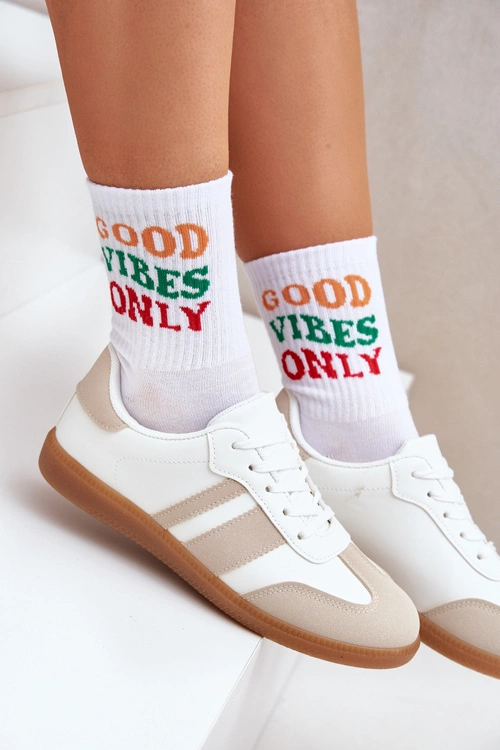 Niskie Sneakersy Damskie Z Eko Skóry Beżowo-Białe Nonalorin