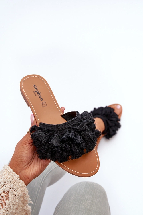 Płaskie Klapki Damskie Z Frędzlami Czarne Rialle