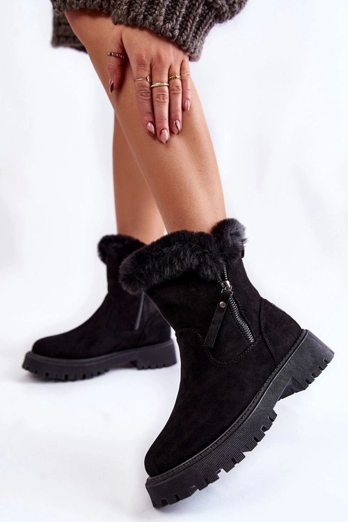 Zamszowe Botki Z Futerkiem Na Suwak Czarne Rezan