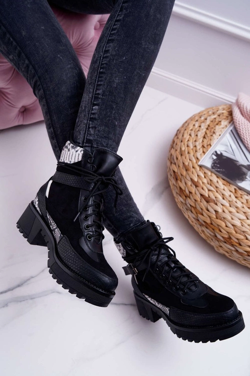 Damskie Botki Wysokie Trapery Snake Czarne Nemtere