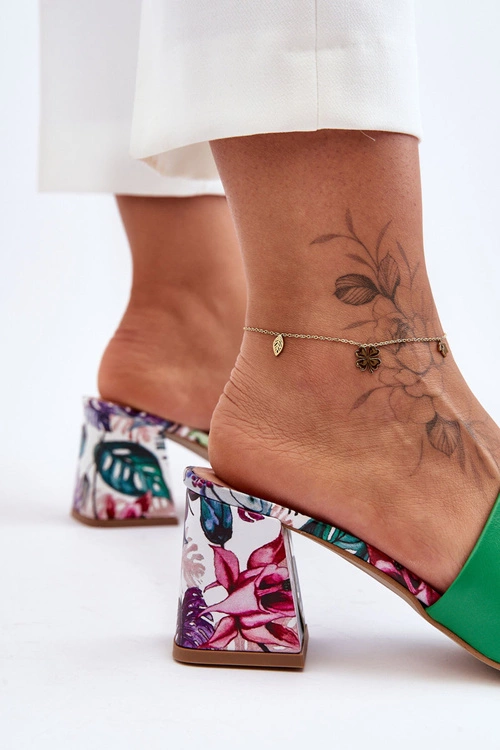 Damskie Skórzane Klapki Na Obcasie Lewski Shoes 3209/K Zielone