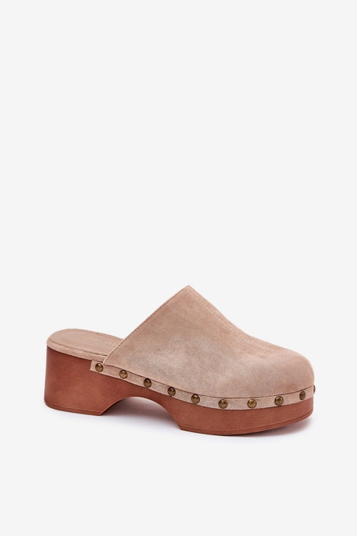 Chodaki Klapki Damskie Z Ćwiekami Eko Zamszowe Beżowe Ellason