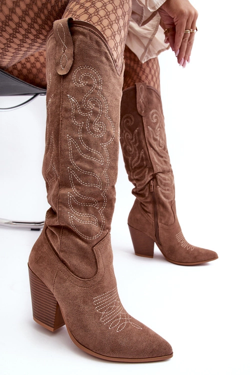 Damskie Kozaki Kowbojki Na Obcasie Ciemnobeżowe Tomani