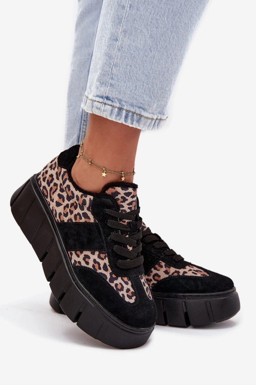 Zamszowe Ocieplane Sneakersy Damskie Na Masywnej Platformie Vinceza 66841 Panterka Czarne
