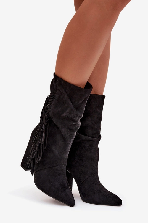 Botki Damskie Na Słupku Z Frędzlami I Marszczeniem Ocieplane Czarne Darlina