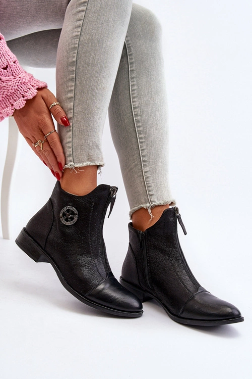 Damskie Botki Na Płaskim Obcasie Z Zamkiem Czarne Loratie