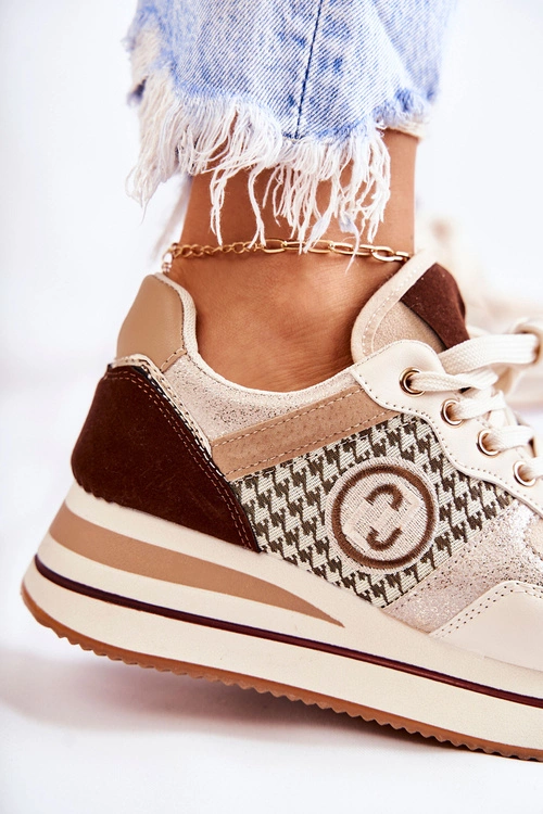Modne Buty Sportowe Damskie Na Koturnie Beżowo-Brązowe Aronne