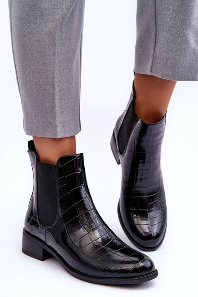 Skórzane Botki Sztyblety Zwierzęcy Wzór Czarne Daina