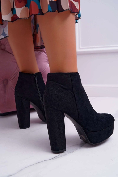 Botki Damskie na Słupku Platformie Zamszowe Czarne Celinne