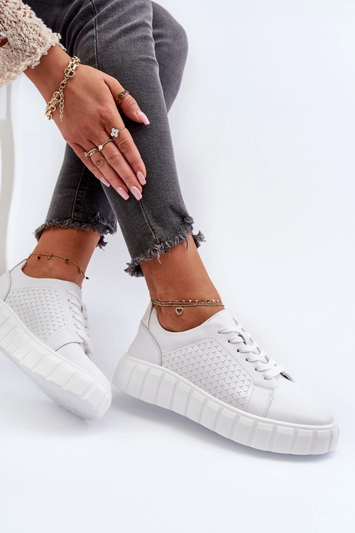 Skórzane Sneakersy Damskie Na Platformie Białe Eselmarie