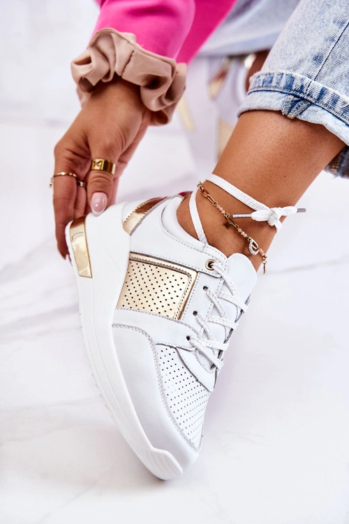 Damskie Skórzane Buty Sportowe Na Koturnie Białe Larson