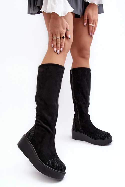 Kozaki Damskie Zamszowe Na Platformie S.Barski HY53-8 Czarne